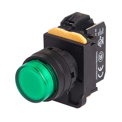 22mm LED Illuminated maintained pushbutton switch, 1NC, Green LED 12V AC/DC