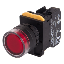 22mm LED Illuminated maintained pushbutton switch, Full shroud head, 1NO, Red LED 110V AC/DC