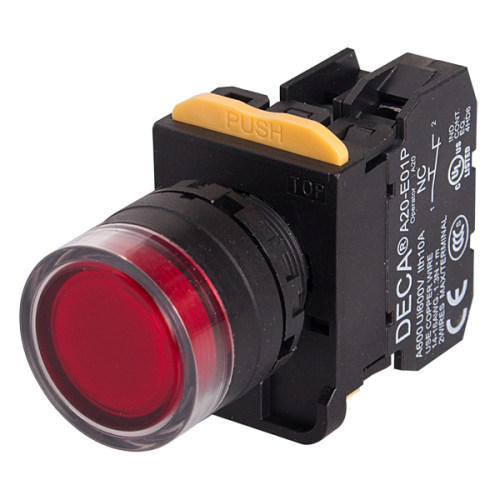 22mm LED Illuminated maintained pushbutton switch, Full shroud head, 1NC, Red LED 230V AC/DC