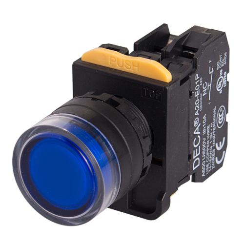 22mm LED Illuminated momentary pushbutton switch, Full shroud head, 1NO, Blue LED 12V AC/DC