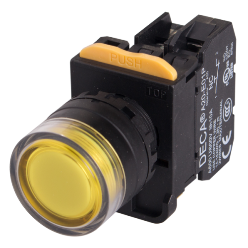 22mm LED Illuminated momentary pushbutton switch, Full shroud head, 1NO, Yellow LED 110V AC/DC