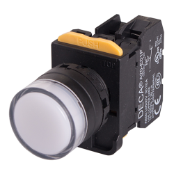 22mm LED Illuminated maintained pushbutton switch, Full shroud head, 1NO, White LED 110V AC/DC