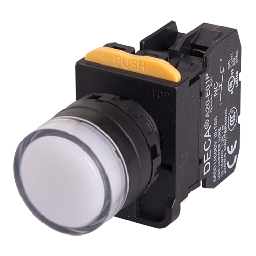 22mm LED Illuminated momentary pushbutton switch, Full shroud head, 1NO, White LED 230V AC/DC
