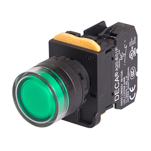 22mm LED Illuminated momentary pushbutton switch, Full shroud head, 1NO, Green LED 24V AC/DC