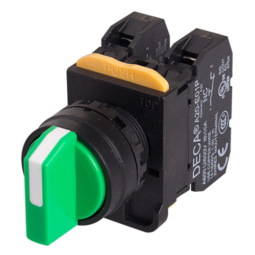 22mm Selector switch, 3 positions, Spring return from right, 2NC, Green Knob