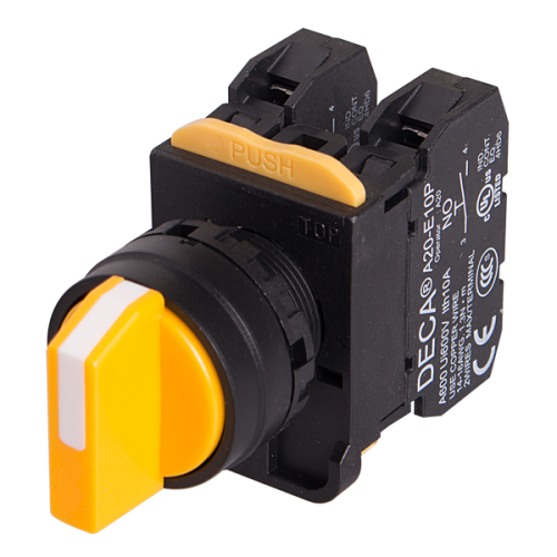 22mm Selector switch, 3 positions, Spring return from right, 2NC, Yellow Knob
