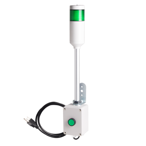 Andon Light, Push button control box, 9.45" pole w/ L Bracket, Green steady, 110VAC, 6ft power cord