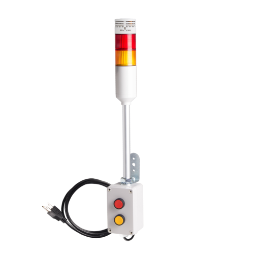 Andon Light, Push button control box, 9.45" pole w/ L Bracket, Red flashing & Buzzer, Adjustable 10-100dB Buzzer, Yellow steady, 110VAC, 6ft power cord