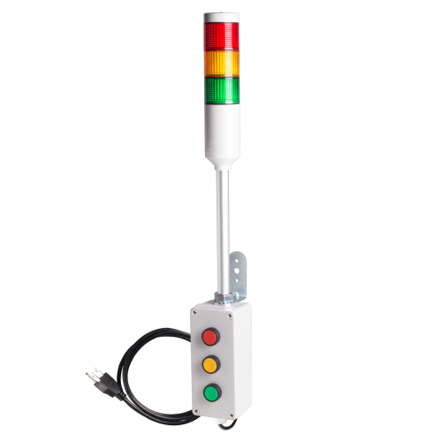 Andon Light, Push button control box, 9.45" pole w/ L Bracket, Red flashing, Yellow/Green steady, 110VAC, 6ft power cord