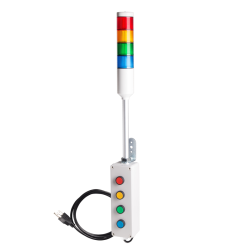 Andon Light, Push button control box, 9.45" pole w/ L Bracket, Red flashing, Yellow/Green/Blue steady, 110VAC, 6ft power cord