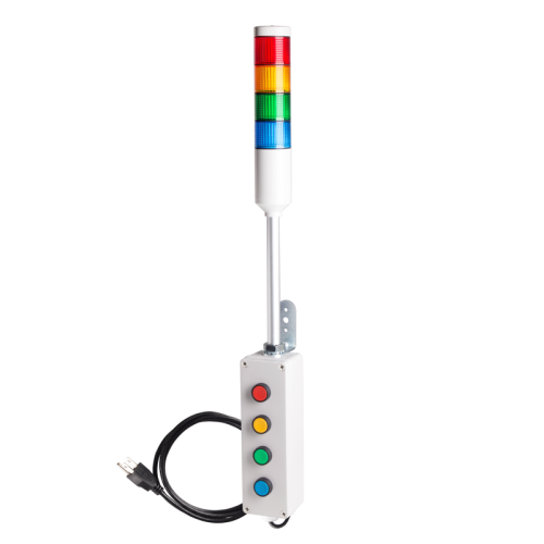 Andon Light, Push button control box, 9.45" pole w/ L Bracket, Red flashing, Yellow/Green/Blue steady, 110VAC, 6ft power cord