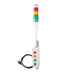 Andon Light, Push button control box, 9.45" pole w/ L Bracket, Red flashing & Buzzer, Yellow/Green/Blue steady, Adjustable 10-100dB Buzzer, 110VAC, 6ft power cord