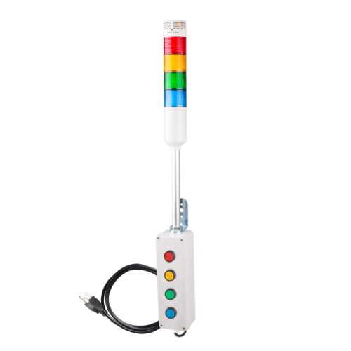 Andon Light, Push button control box, 9.45" pole w/ L Bracket, Red flashing & Buzzer, Yellow/Green/Blue steady, Adjustable 10-100dB Buzzer, 110VAC, 6ft power cord