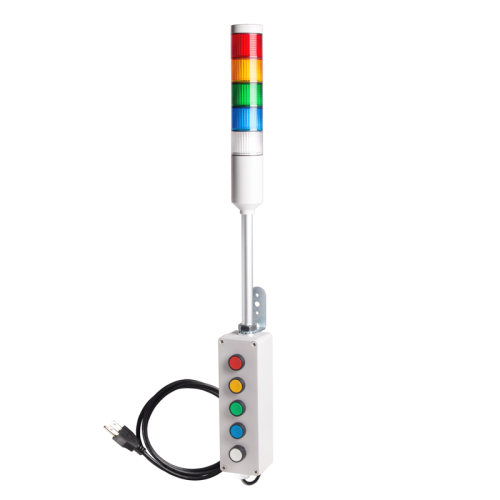 Andon Light, Push button control box, 9.45" pole w/ L Bracket, Red flashing, Yellow/Green/Blue/Clear steady, 110VAC, 6ft power cord