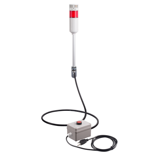 Andon Light, Remote push button control box, w/10ft cable, 9.45" pole w/ L Bracket, Red flashing & Buzzer, Adjustable 10-100dB Buzzer, 110VAC, 6ft power cord