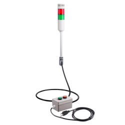 Andon Light, Remote push button control box, w/10ft cable, 9.45" pole w/ L Bracket, Red flashing & Buzzer, Green steady, 80dB Buzzer, 110VAC, 6ft power cord