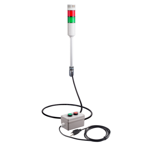 Andon Light, Remote push button control box, w/10ft cable, 9.45" pole w/ L Bracket, Red flashing & Buzzer, Green steady, 80dB Buzzer, 110VAC, 6ft power cord