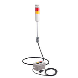 Andon Light, Remote push button control box, w/10ft cable, 9.45" pole w/ L Bracket, Red flashing & Buzzer, Yellow steady, Adjustable 10-100dB Buzzer, 110VAC, 6ft power cord