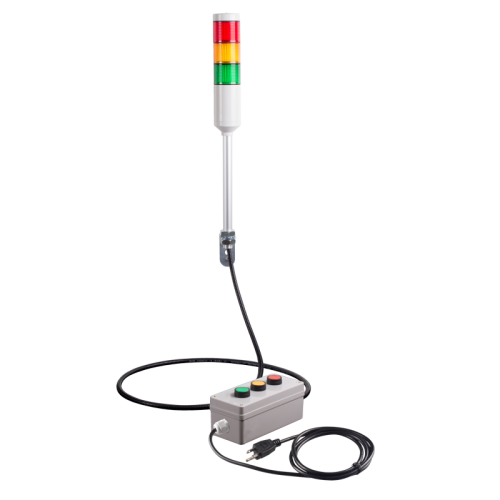 Andon Light, Remote push button control box, w/10ft cable, 9.45" pole w/ L Bracket, Red flashing, Yellow/Green steady, 110VAC, 6ft power cord