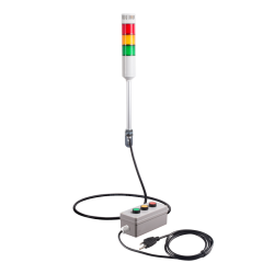Andon Light, Remote push button control box, w/10ft cable, 9.45" pole w/ L Bracket, Red flashing & Buzzer, Yellow/Green steady, 80dB Buzzer, 110VAC, 6ft power cord