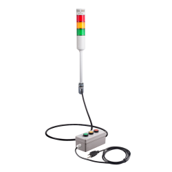 Andon Light, Remote push button control box, w/10ft cable, 9.45" pole w/ L Bracket, Red flashing & Buzzer, Yellow/Green steady, Adjustable 10-100dB Buzzer, 110VAC, 6ft power cord