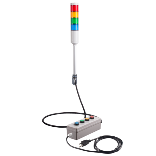 Andon Light, Remote push button control box, w/10ft cable, 9.45" pole w/ L Bracket, Red flashing, Yellow/Green/Blue steady, 110VAC, 6ft power cord