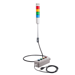 Andon Light, Remote push button control box, w/10ft cable, 9.45" pole w/ L Bracket, Red flashing & Buzzer, Yellow/Green/Blue steady, 80dB Buzzer, 110VAC, 6ft power cord