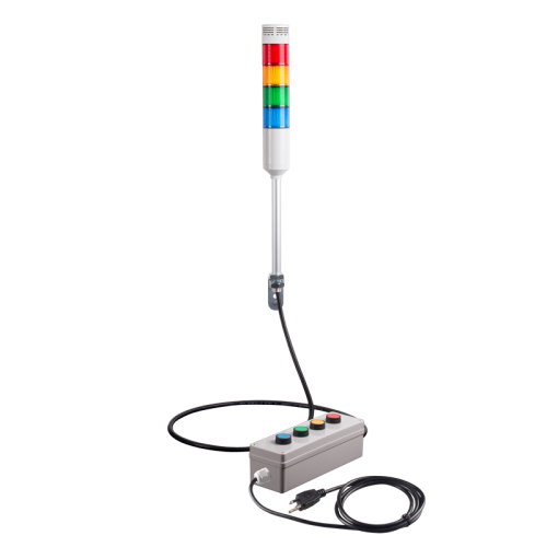 Andon Light, Remote push button control box, w/10ft cable, 9.45" pole w/ L Bracket, Red flashing & Buzzer, Yellow/Green/Blue steady, 80dB Buzzer, 110VAC, 6ft power cord