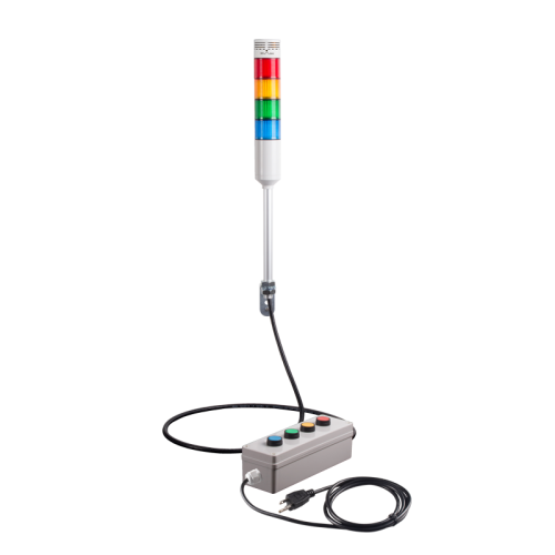 Andon Light, Remote push button control box, w/10ft cable, 9.45" pole w/ L Bracket, Red flashing & Buzzer, Yellow/Green/Blue steady, Adjustable 10-100dB Buzzer, 110VAC, 6ft power cord