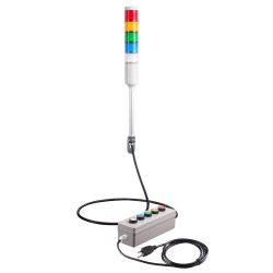 Andon Light, Remote push button control box, w/10ft cable, 9.45" pole w/ L Bracket, Red flashing, Yellow/Green/Blue/Clear steady, 110VAC, 6ft power cord