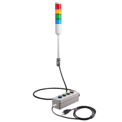 Andon Light, Remote push button control box, w/15ft cable, 9.45" pole w/ L Bracket, Red flashing, Yellow/Green/Blue steady, 110VAC, 6ft power cord