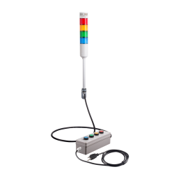 Andon Light, Remote push button control box, w/15ft cable, 9.45" pole w/ L Bracket, Red flashing & Buzzer, Yellow/Green/Blue steady, Adjustable 10-100dB Buzzer, 110VAC, 6ft power cord