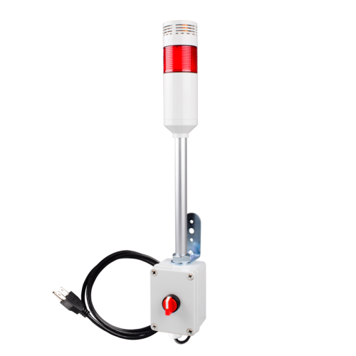 Andon Light, Selector switch control box, 9.45" pole w/ L Bracket, Red flashing & Buzzer, 80dB Buzzer, 110VAC, 6ft power cord