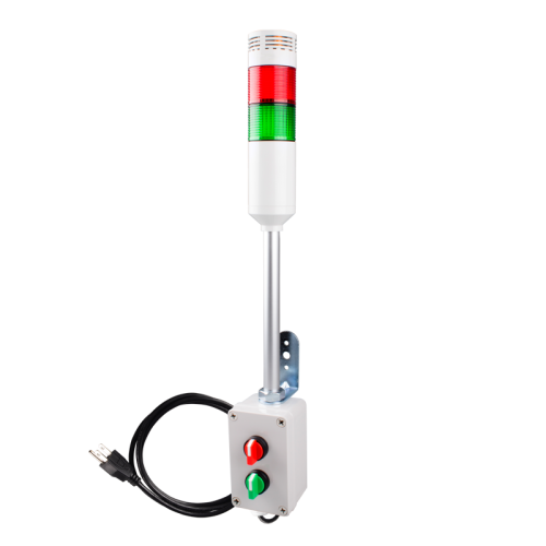 Andon Light, Selector switch control box, 9.45" pole w/ L Bracket, Red flashing & Buzzer, Green steady, 80dB Buzzer, 110VAC, 6ft power cord