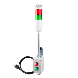 Andon Light, Selector switch control box, 9.45" pole w/ L Bracket, Red flashing & Buzzer, Green steady, Adjustable 10-100dB Buzzer, 110VAC, 6ft power cord