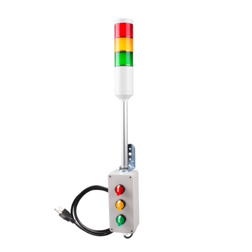 Andon Light, Selector switch control box, 9.45" pole w/ L Bracket, Red flashing, Yellow/Green steady, 110VAC, 6ft power cord