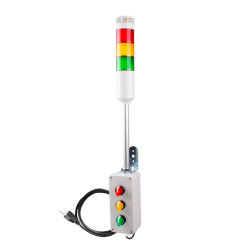 Andon Light, Selector switch control box, 9.45" pole w/ L Bracket, Red flashing & Buzzer, Yellow/Green steady, 80dB Buzzer, 110VAC, 6ft power cord