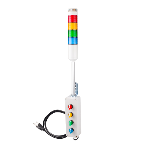 Andon Light, Selector switch control box, 9.45" pole w/ L Bracket, Red flashing & Buzzer, Yellow/Green/Blue steady, 80dB Buzzer, 110VAC, 6ft power cord