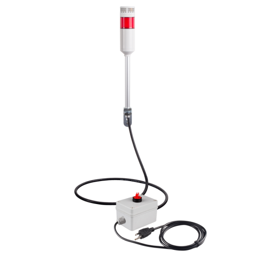 Andon Light, Remote Selector switch control box, w/10ft cable, 9.45" pole w/ L Bracket, Red flashing & Buzzer, 80dB Buzzer, 110VAC, 6ft power cord