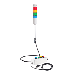 Andon Light, Remote Selector switch control box, w/10ft cable, 9.45" pole w/ L Bracket, Red flashing & Buzzer, Yellow/Green/Blue steady, Adjustable 10-100dB Buzzer, 110VAC, 6ft power cord