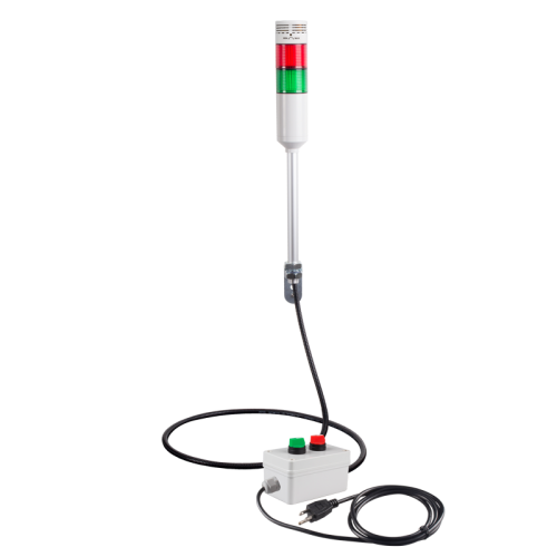 Andon Light, Remote Selector switch control box, w/15ft cable, 9.45" pole w/ L Bracket, Red flashing & Buzzer, Green steady, Adjustable 10-100dB Buzzer, 110VAC, 6ft power cord