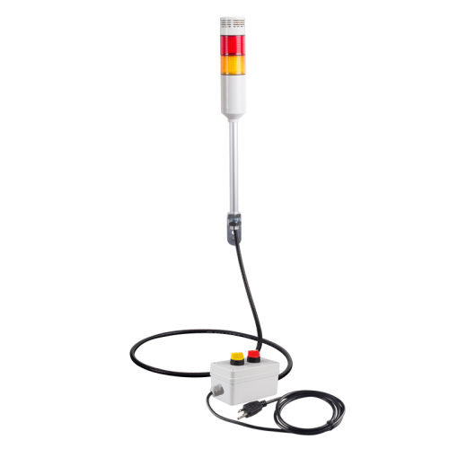 Andon Light, Remote Selector switch control box, w/15ft cable, 9.45" pole w/ L Bracket, Red flashing & Buzzer, Yellow steady, 80dB Buzzer, 110VAC, 6ft power cord