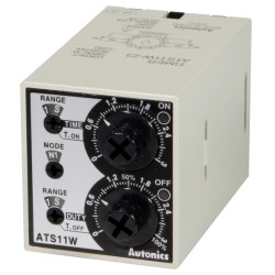 Autonics Twin Timer, 42x38x75mm, 6 operating modes, 0.1 Sec-10hrs setting time, DPDT(2c) or 2 SPDT, 100-240VAC/24-240 VDC, (11 pin socket req'd)