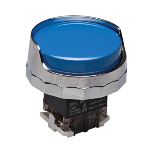 30mm Momentary, Push button, 65mm metal Half guard head, IP65, 1NO 1NC, Blue