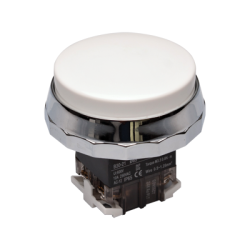 30mm Momentary Push button, 65mm Extended head, IP65, 1NO 1NC, White