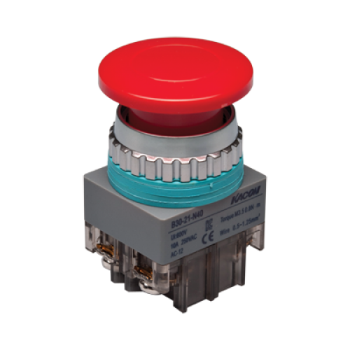 30mm Momentary Push button, 40mm Mushroom head, IP63, 1NO 1NC, Red