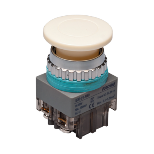 30mm Momentary Push button, 40mm Mushroom head, IP63, 1NO 1NC, White