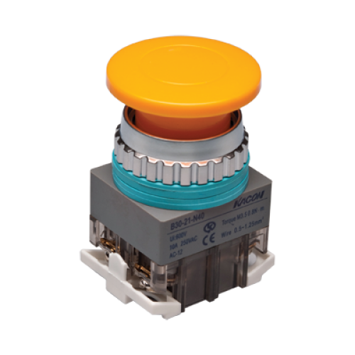 30mm Momentary Push button, 40mm Mushroom head, IP63, 1NO 1NC, Yellow