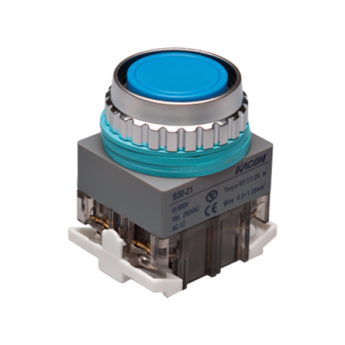 30mm Momentary Push button, Round head, IP63, 1NO 1NC, Blue