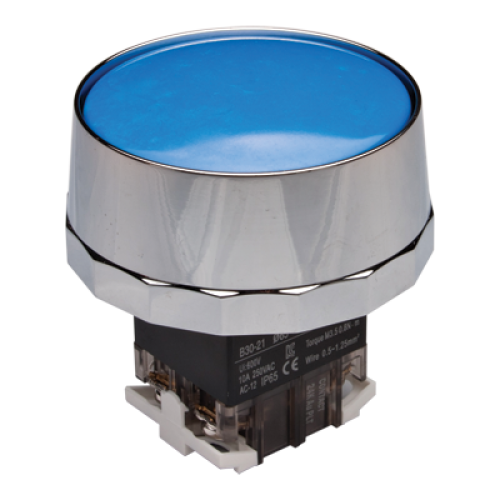 30mm Momentary Push button, 65mm Metal Full guard head, IP65, 1NO 1NC, Blue